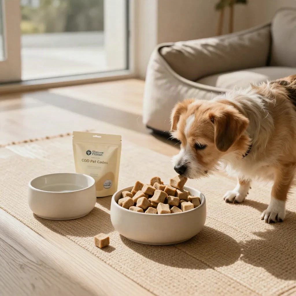Small dog sniffing pet calm chews by a bowl, open pouch, water dish and bed at an entryway.