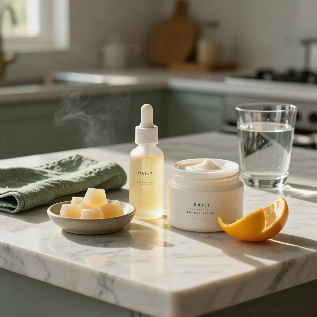 CBD oil, gummies, cream, citrus peel and water on marble in soft morning light