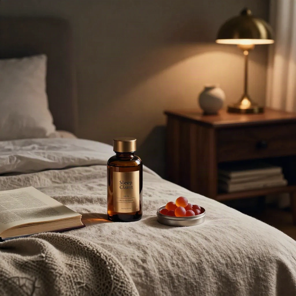 Sleep Calm Blend beside a book and lamp in a dim bedside scene at night.