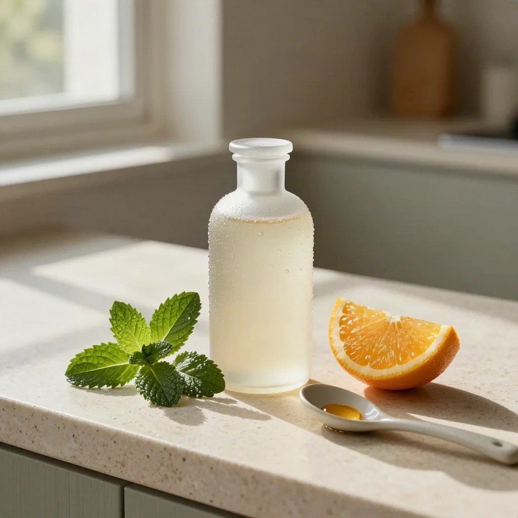 Peppermint tincture bottle with mint, citrus wedge, and ceramic spoon on travertine