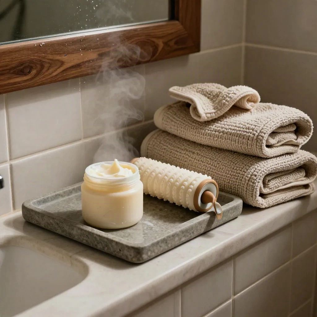 Open cream jar with towel, foam roller, wrap, and stone tray in a steamy bathroom corner.