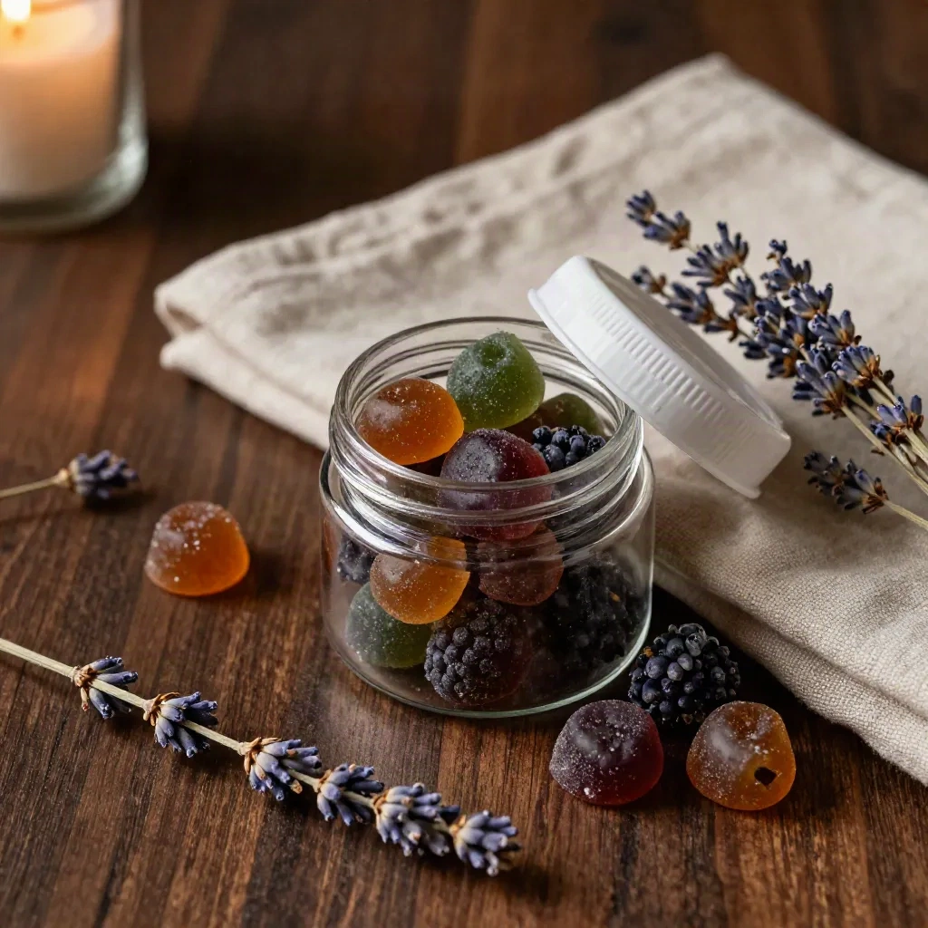 Overhead flatlay of berry sleep gummies, lavender, and a linen napkin on a dark tabletop.