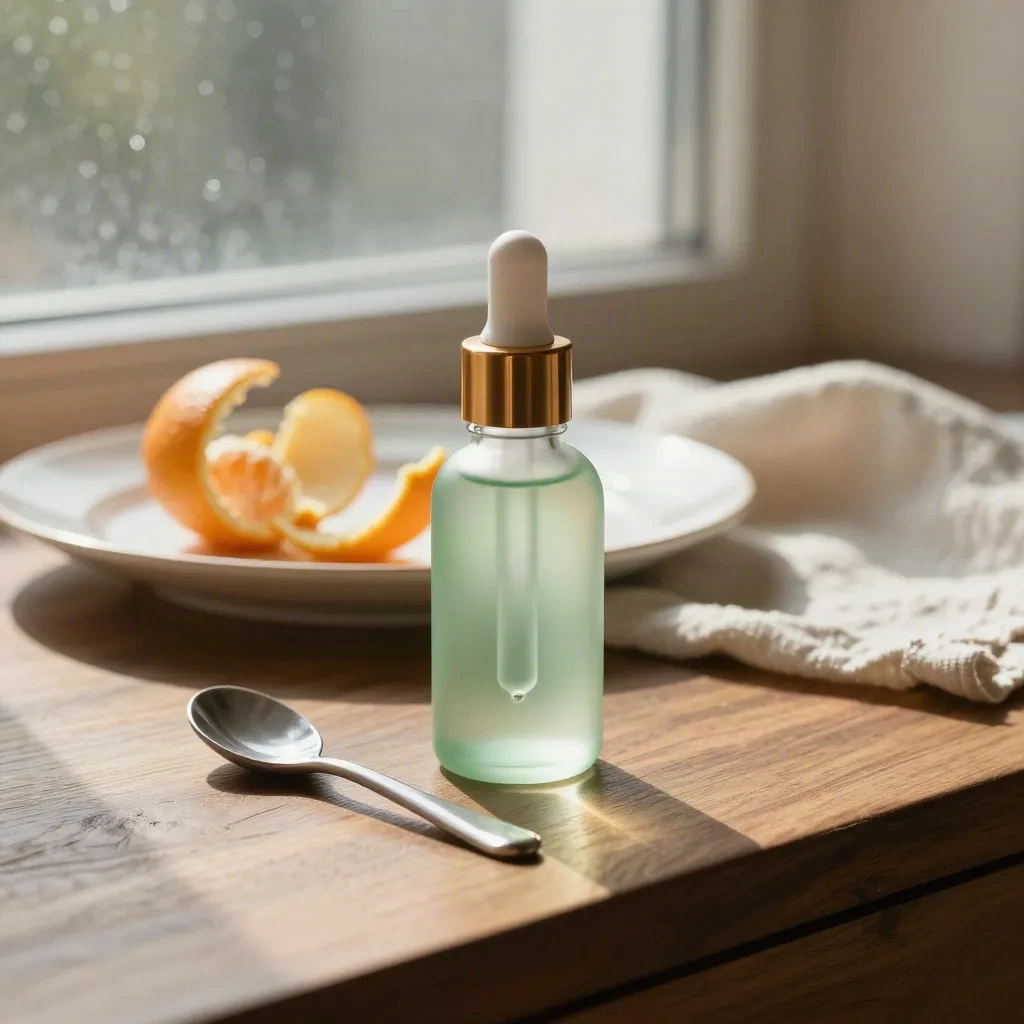 Mint tincture bottle with dropper beside breakfast plate, citrus rind and ceramic spoon on a walnut counter.