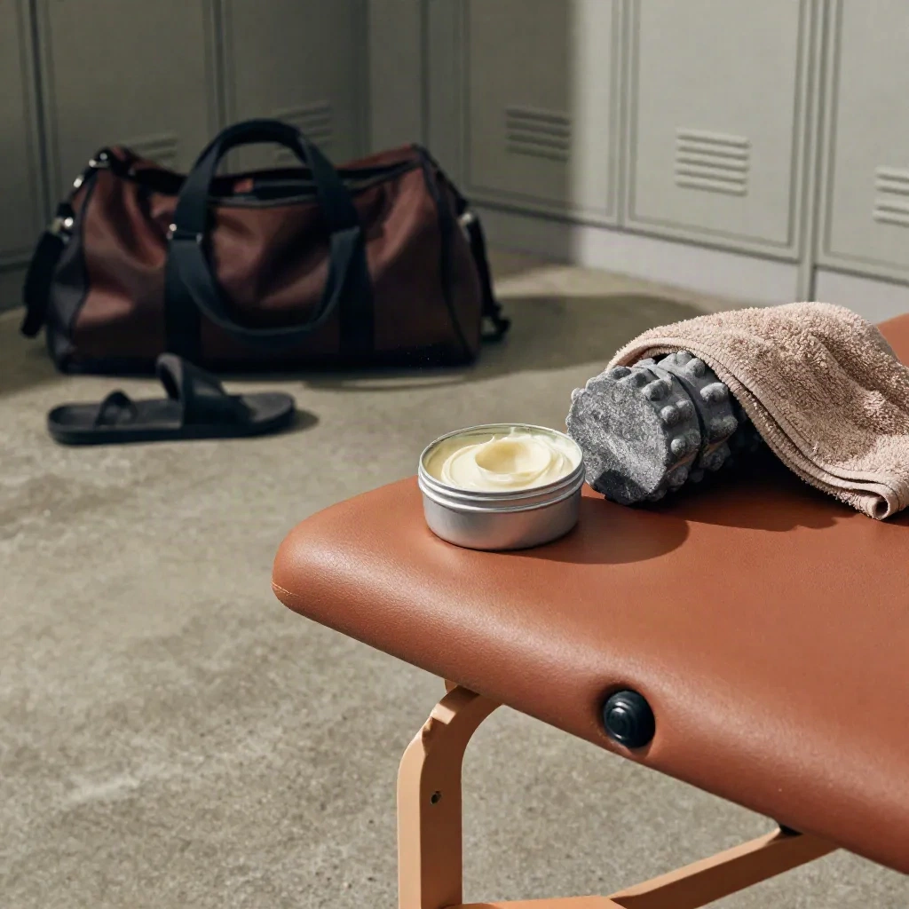 Open balm tin by a recovery bench with gym gear and chalk dust, seen from floor level.