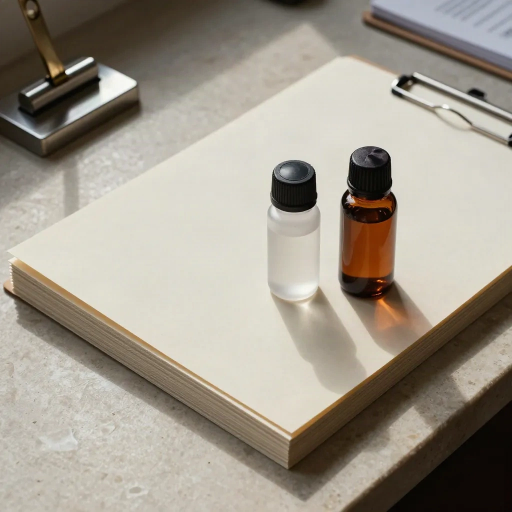 Overhead of a sealed batch report folder, vial, amber bottle, and clipboard on a limestone desk.