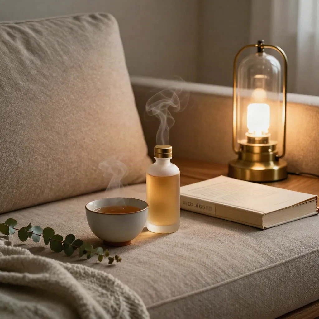 Tea, tincture, book, lamp, and throw on a sofa arm in warm evening light.