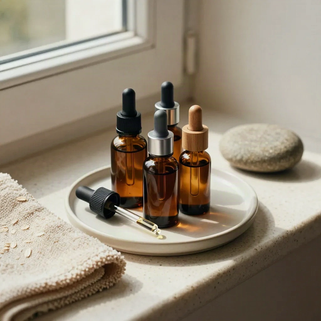 Three tincture bottles, dropper, towel and stone on a sunlit window seat.