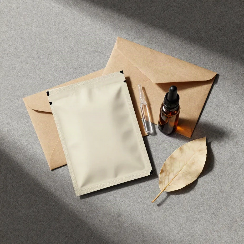 Overhead lab-report still life with packet, vial, amber bottle, kraft envelope and leaf