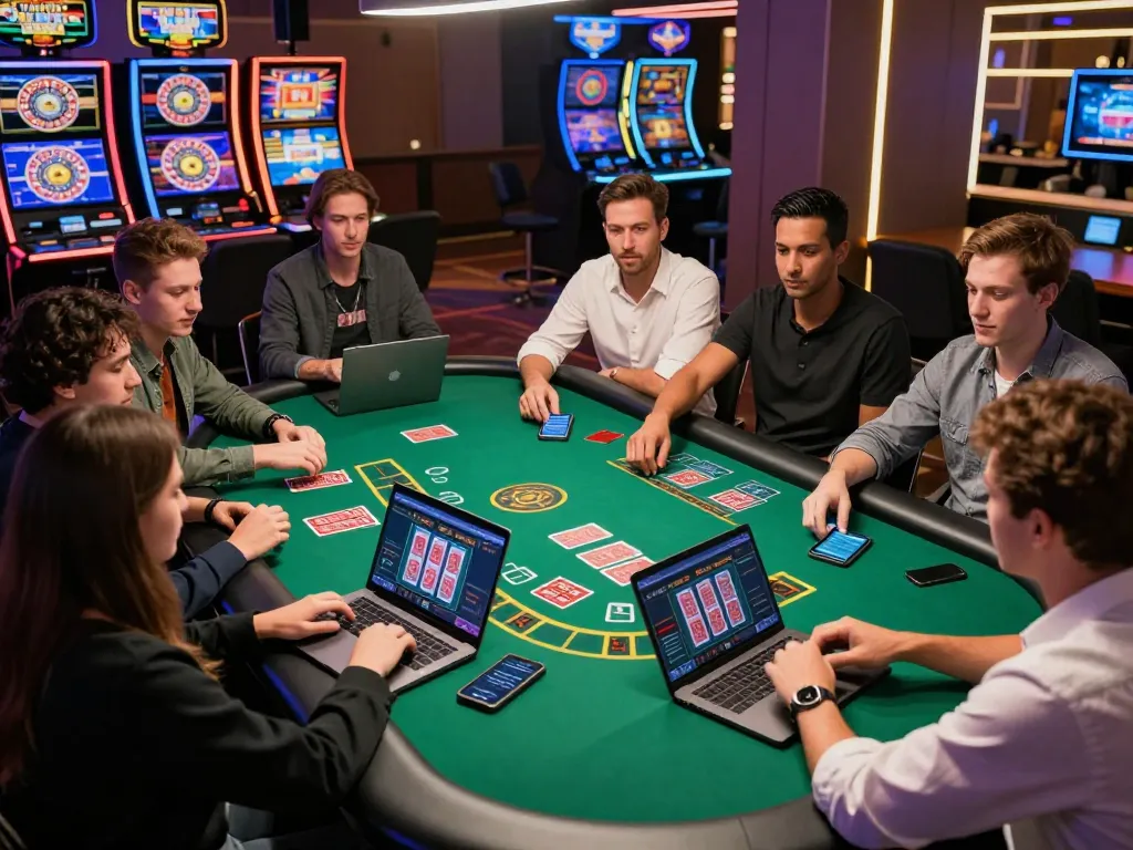 Players strategizing at a bj886 blackjack table in a modern online casino setting with engaging digital displays