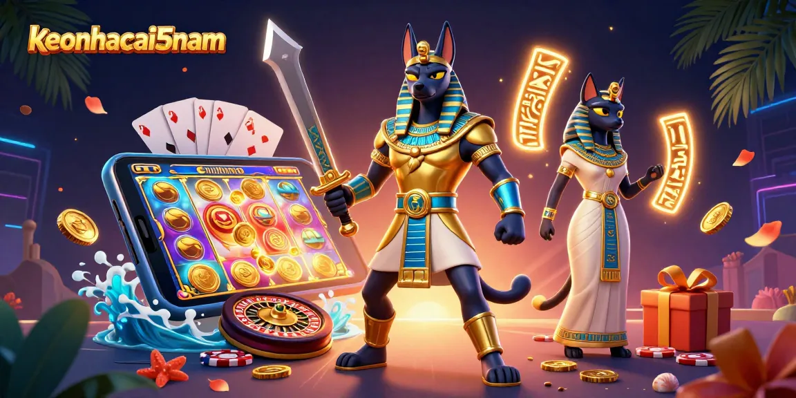 Experience keonhacai5nam with a 3D illustration of Anubis and Bastet surrounded by dynamic casino elements.