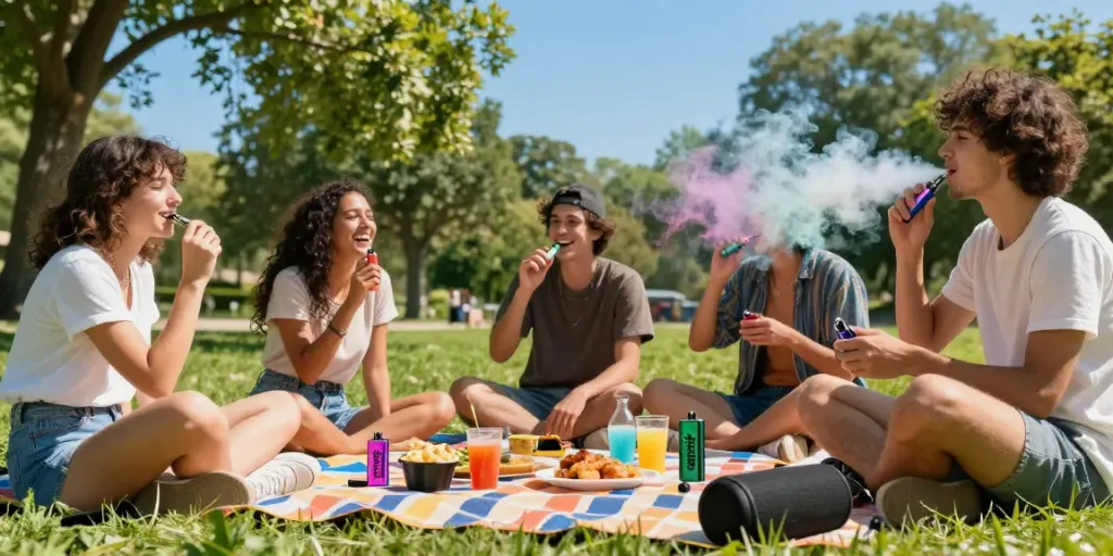 Friends enjoying Hitz infinity Gen 7 disposable vapes under a sunny sky.