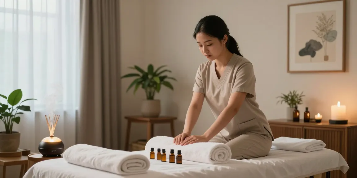 중구출장안마를 제공하는 평화로운 마사지실에서 아로마 오일과 수건이 준비되어 있는 풍경