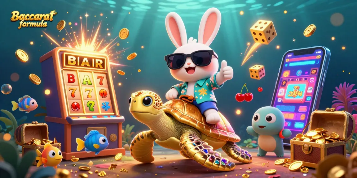 Experience Baccarat formula with exciting gameplay elements, a lucky rabbit and golden turtle amidst vibrant colors.