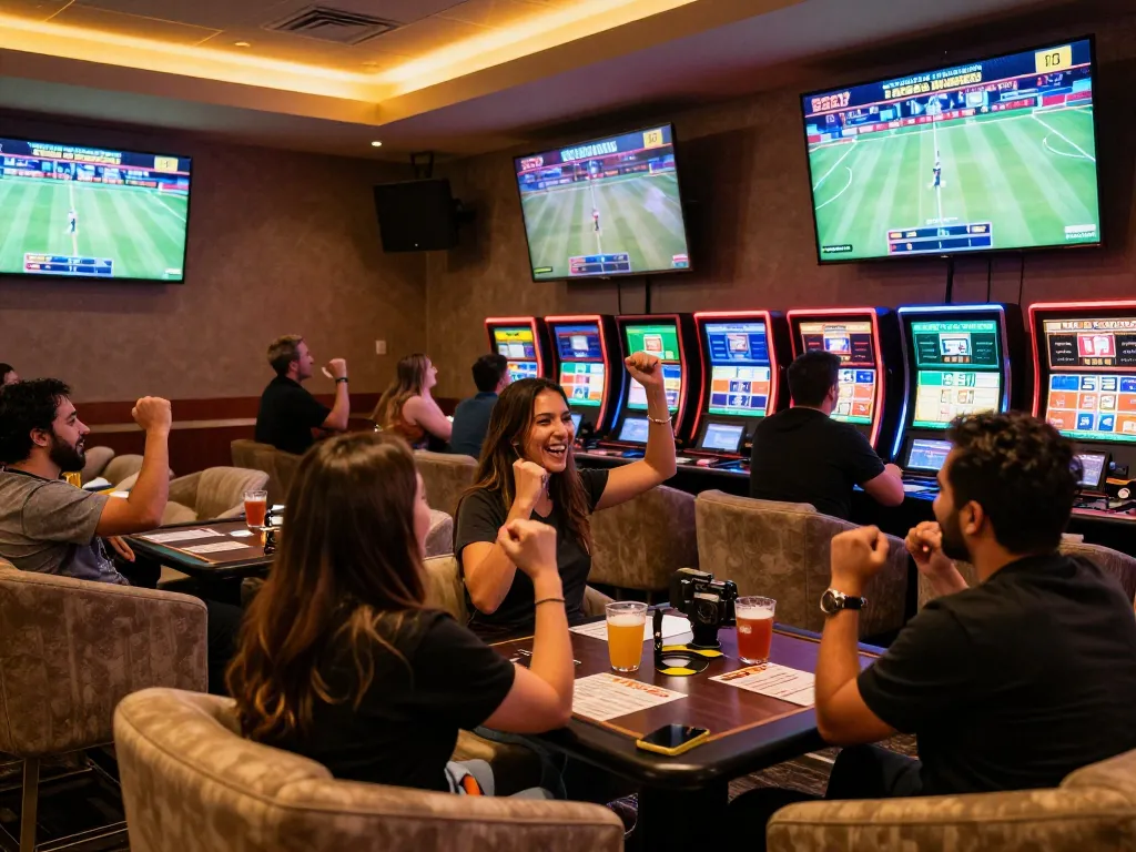 A lively sports betting lounge scene featuring 888NEW fans celebrating a winning bet