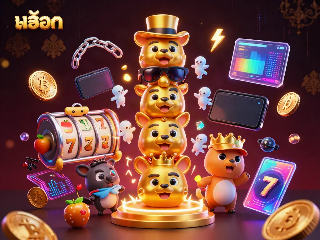 Engage with exciting สล็อต themes through this rich, 3D illustration showcasing unique casino elements and vibrant energy.