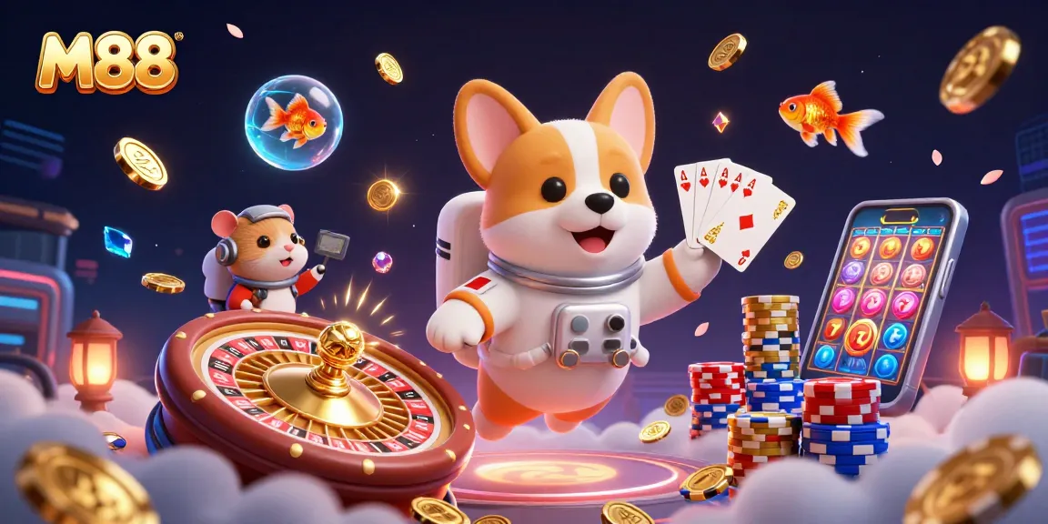 M88 brings excitement to the casino world, featuring an astronaut corgi in a space casino, all amidst a cosmic celebration of gaming.