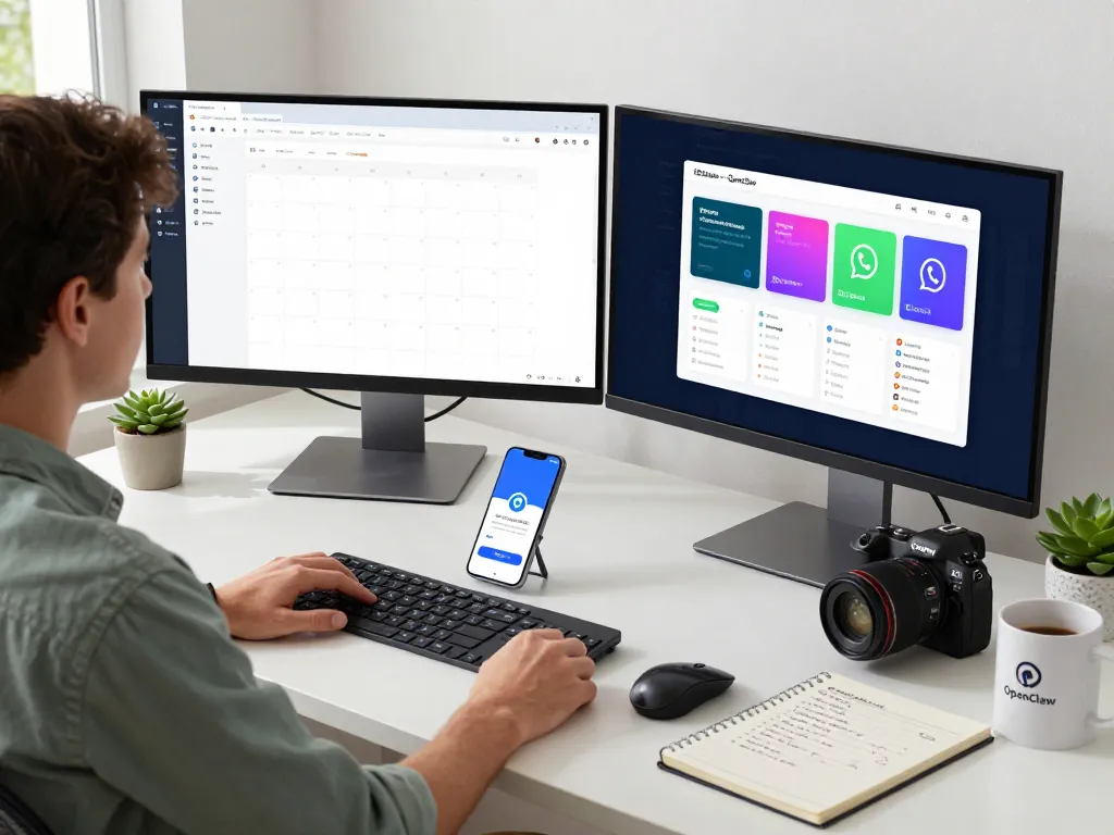 Dynamic workspace featuring OpenClaw personal AI assistant setup on multiple monitors with calendar and messaging apps.