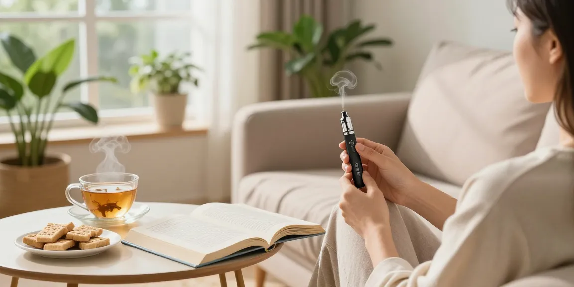 Muha meds disposable vape pen in a relaxing living room setup, highlighting wellness elements such as herbal tea and CBD snacks, showcasing a natural lifestyle.