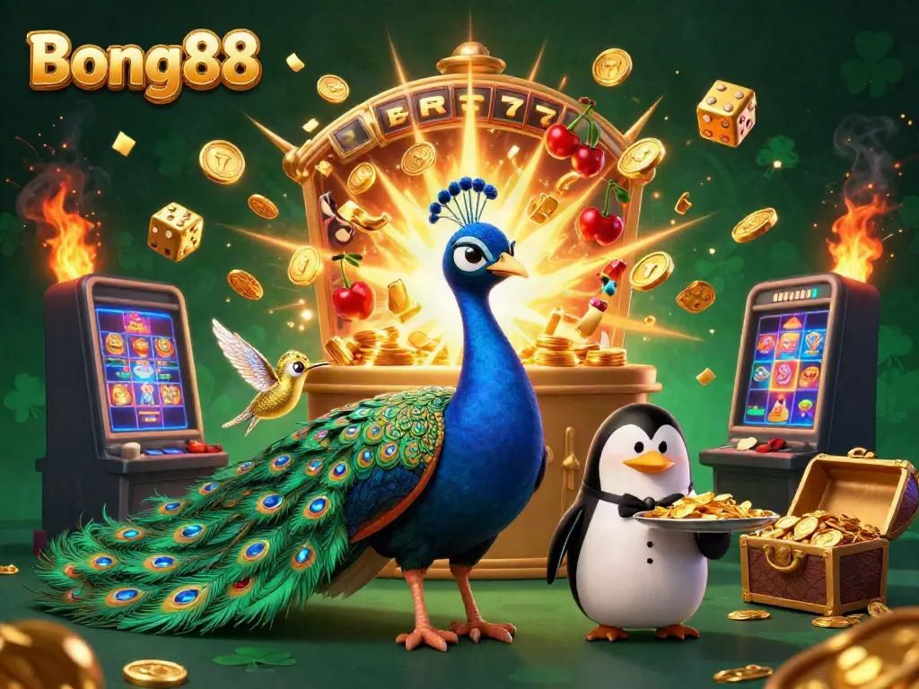Bong88 celebrates casino excitement with a peacock, butler penguin, and hummingbird amidst slot machine action.
