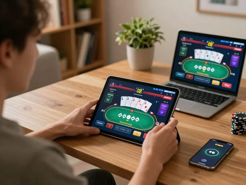 Engaging in online poker gameplay on trang chủ o8 platform with a cozy home setup and vibrant game interface.