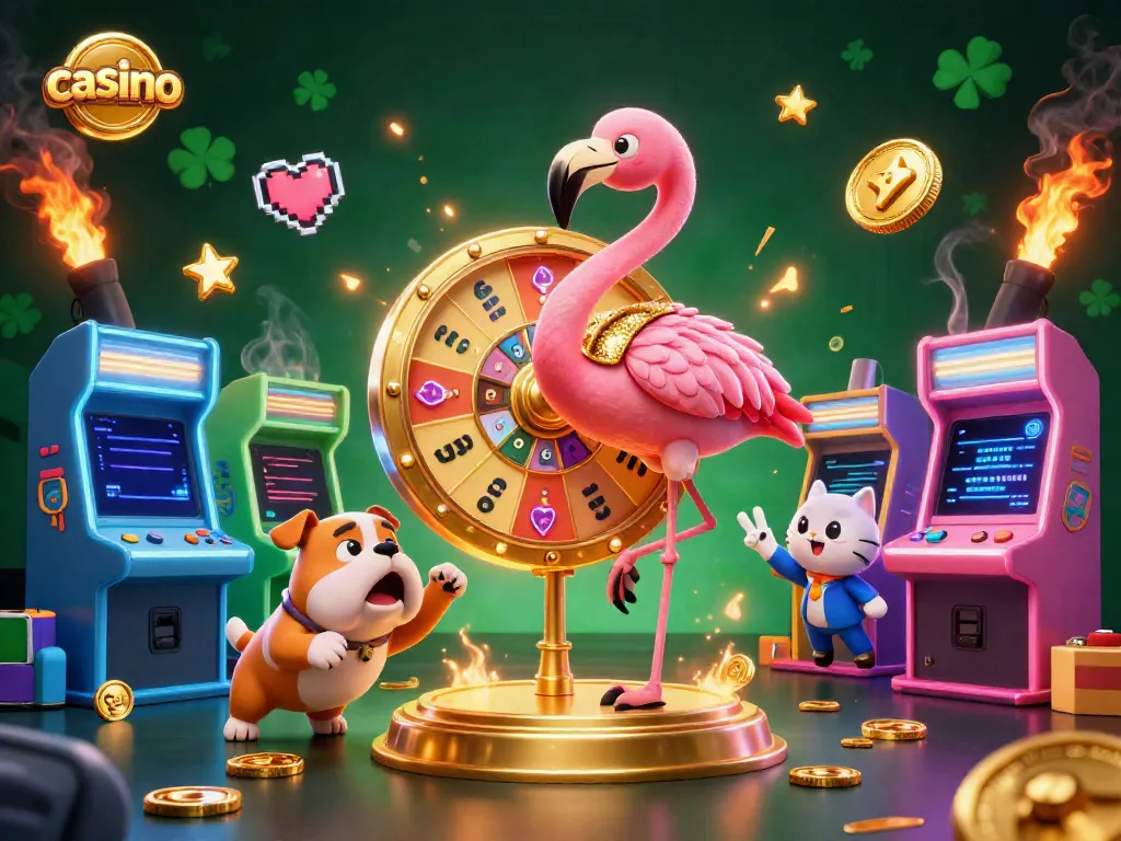 Excited contestants at a glowing casino game show featuring slot machines and a prize wheel.