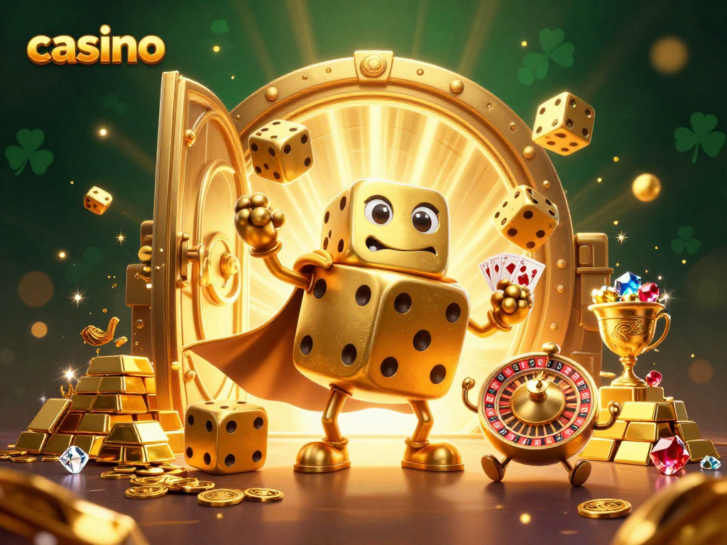 Engaging casino scene featuring a golden dice golem with dynamic game elements.