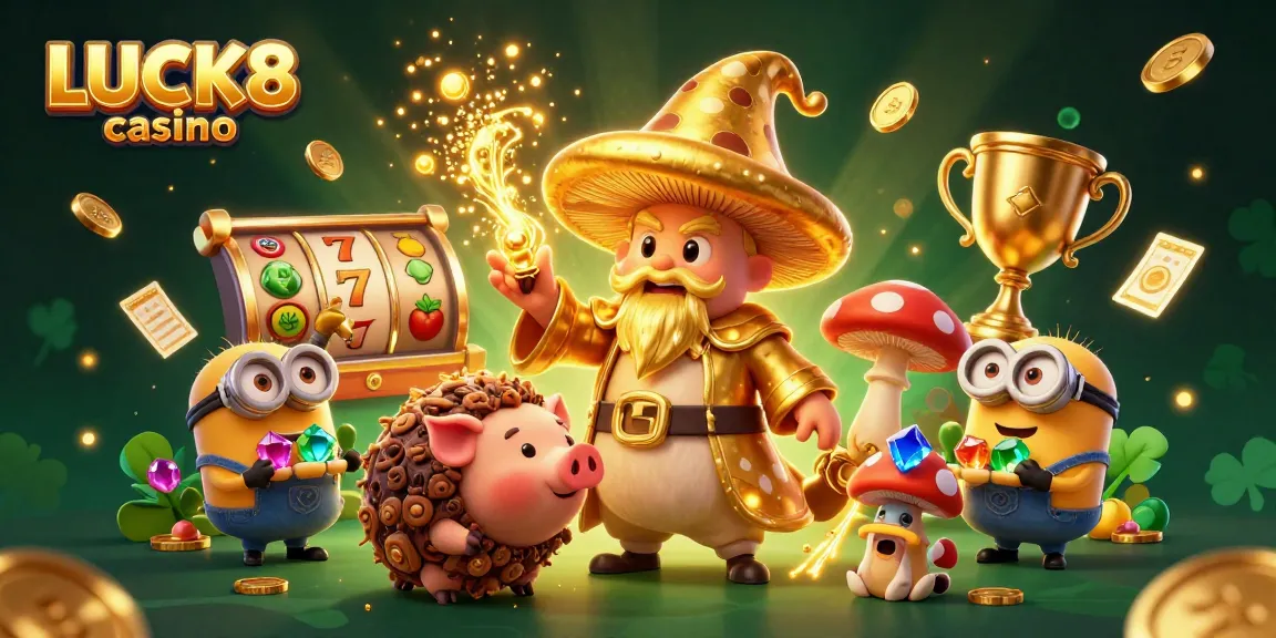 Action-packed illustration of LUCK8 casino featuring a golden mushroom wizard and exciting slot game elements.