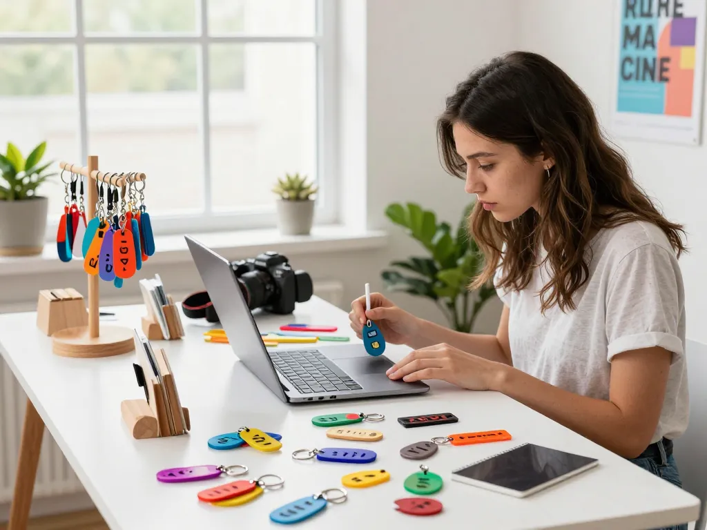 Custom keychain design process at a vibrant workspace featuring a woman, showcasing keychains materials.