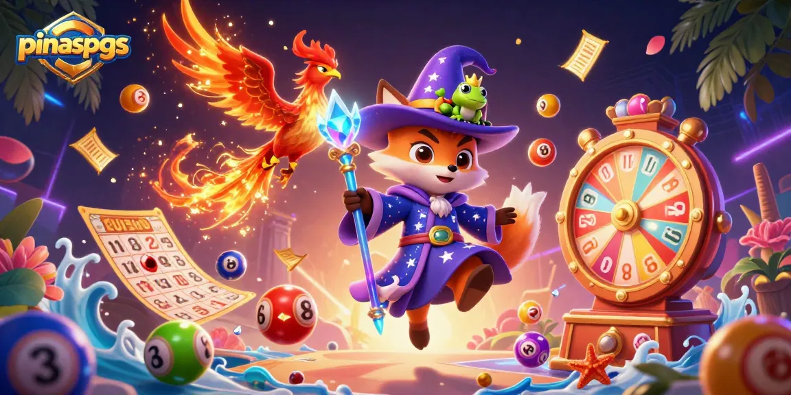 PinasPGS showcases enchanting 3D wizard fox and phoenix engaging in dynamic lottery excitement amidst vibrant gambling elements.
