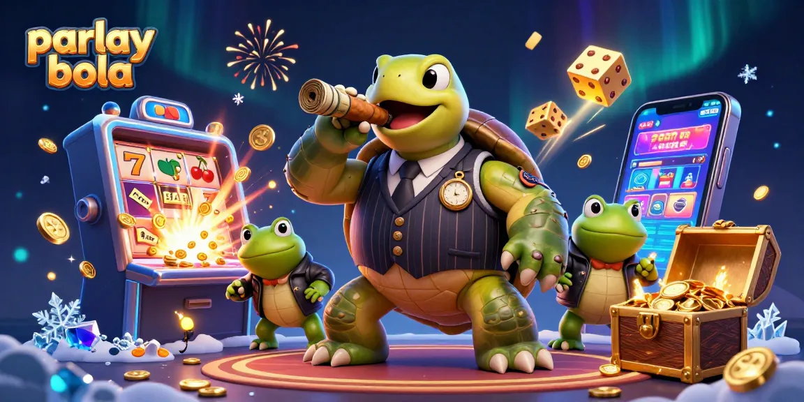 Bet on parlay bola with a dynamic 3D scene featuring a turtle mobster and rich casino elements.
