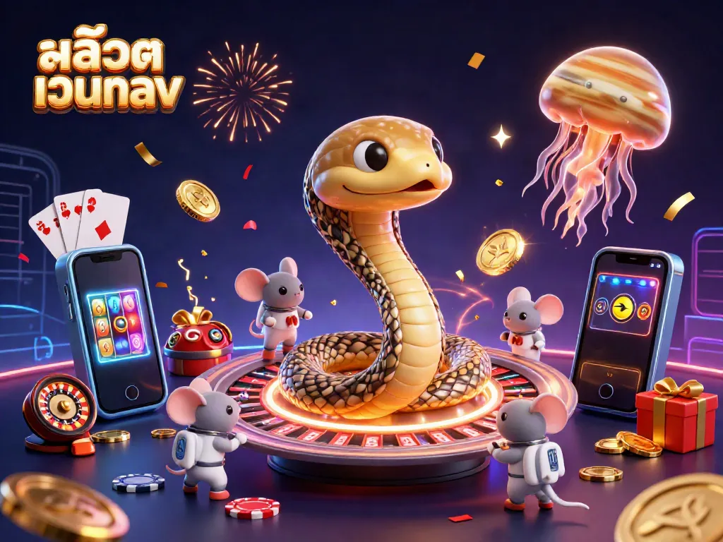Experience the excitement of สล็อตเว็บตรง with a cartoon snake roulette and astronaut mice in a vibrant cosmic casino scene.