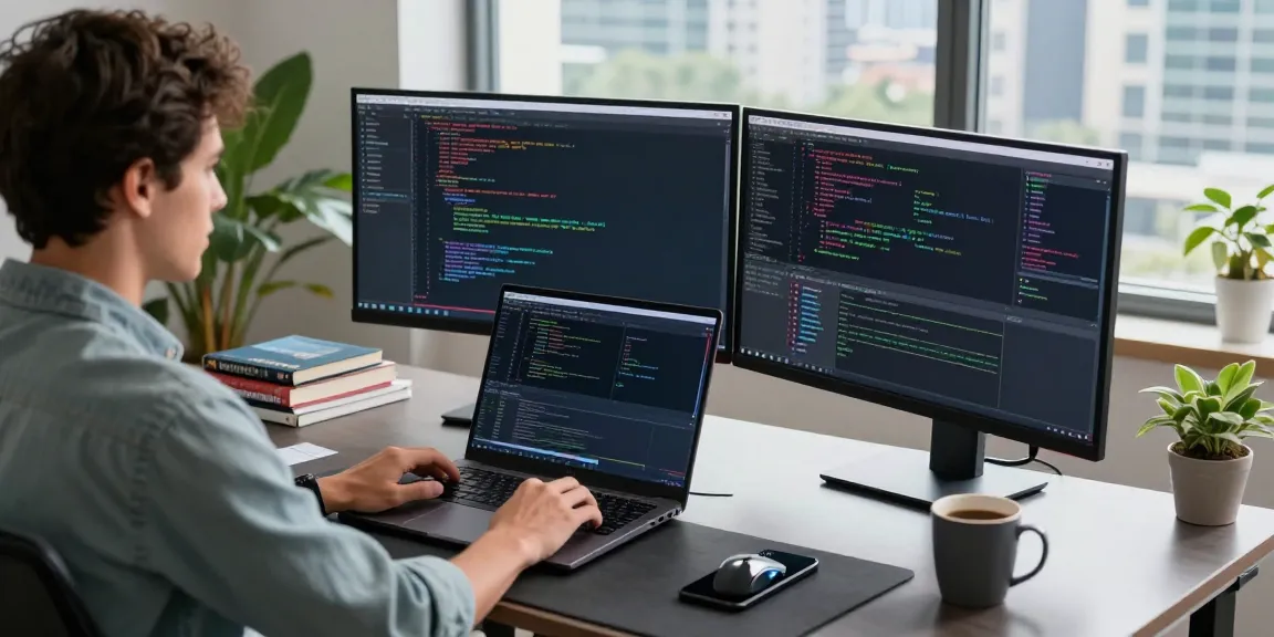 Focused developer coding at desk with dual monitors and city view, migliorhosting.info