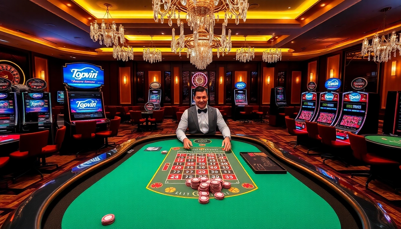 Topvin players enjoying a thrilling casino experience at a professional poker table with vibrant slot machines.