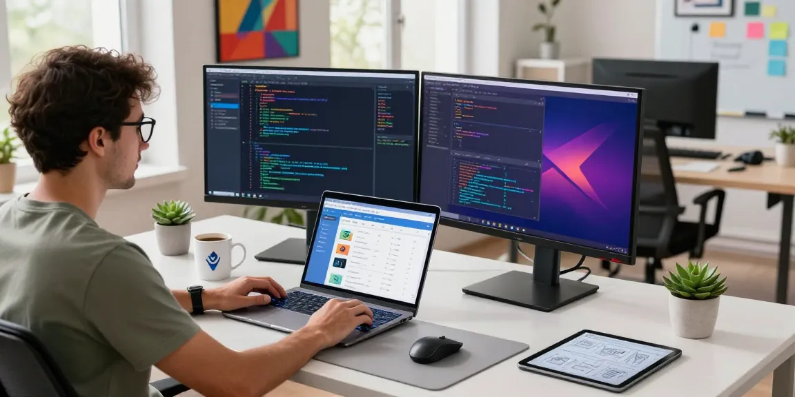 Developer coding at a modern desk with dual monitors, representing the WPS Official Website for advanced software solutions.