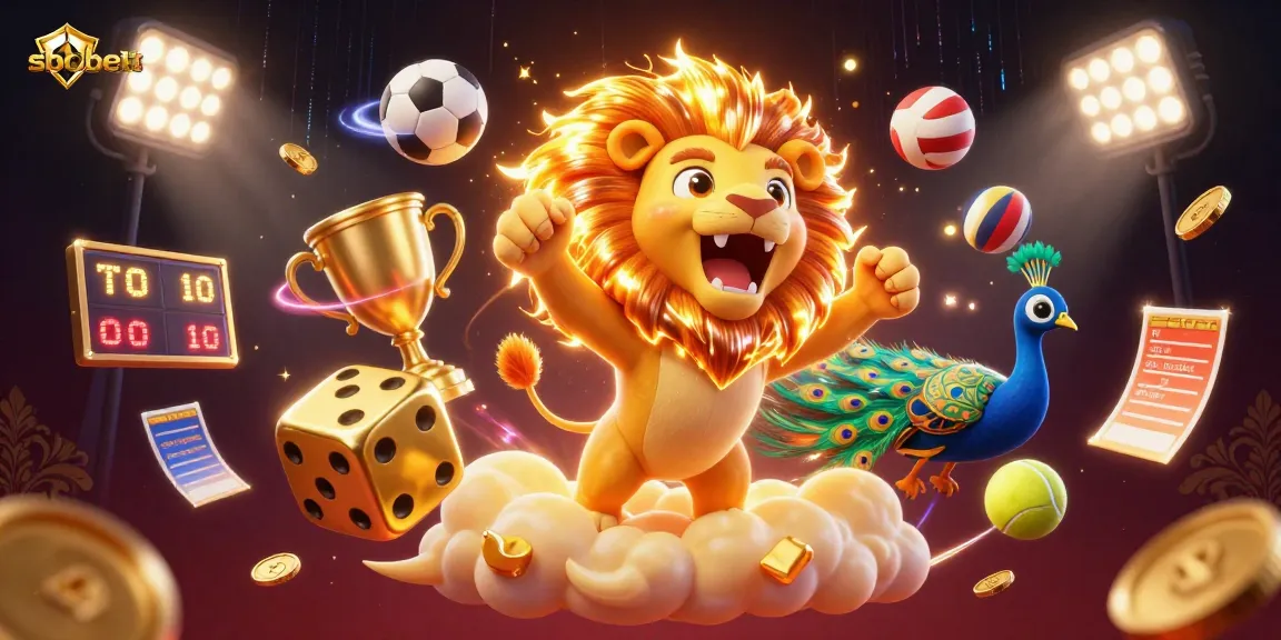 Experience sbobet action with a dynamic 3D illustration featuring sports balls and a majestic sun lion.