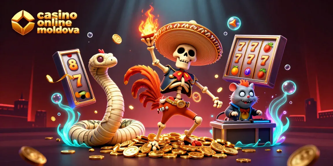 Sloturi captivante la casino online moldova cu personaje de desene animate dansând pe monede de aur.