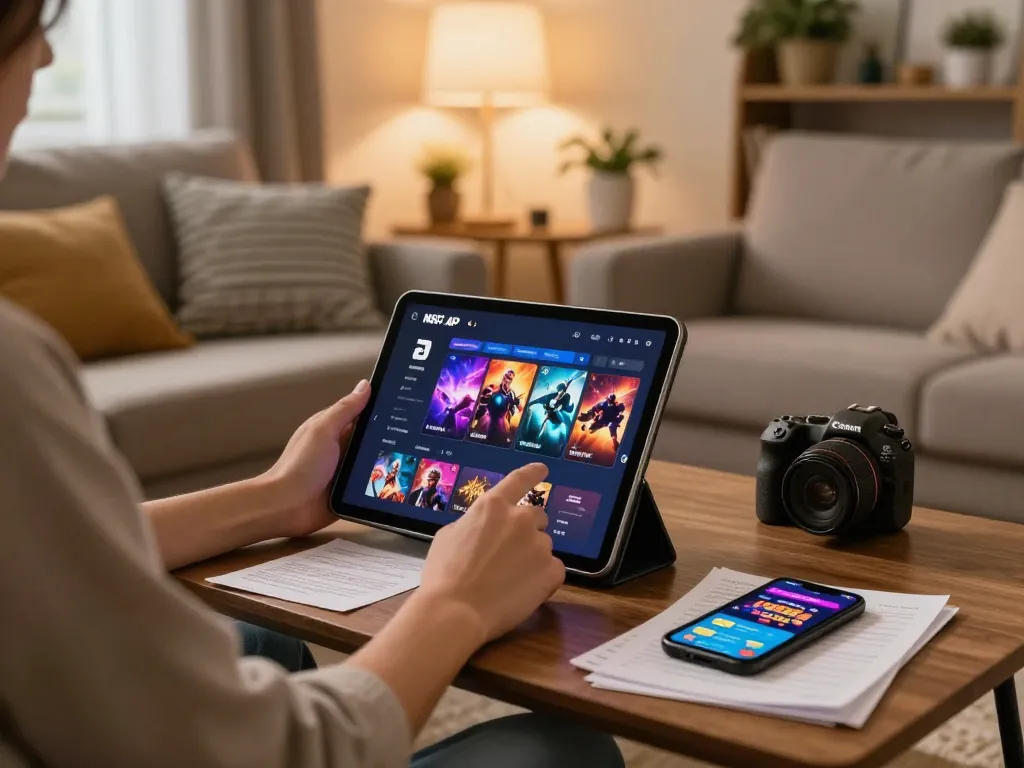 Engaging with nsfw games apk on a tablet in a cozy home gaming setup for responsible entertainment.