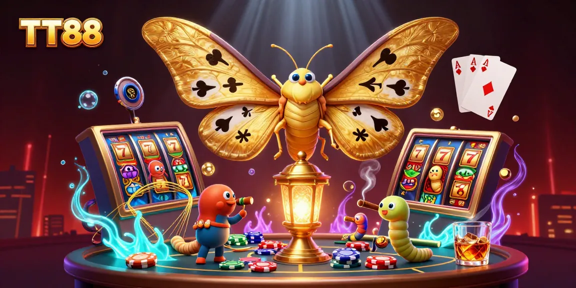 Play with TT88's vibrant casino scene featuring a golden moth and exciting gaming elements.