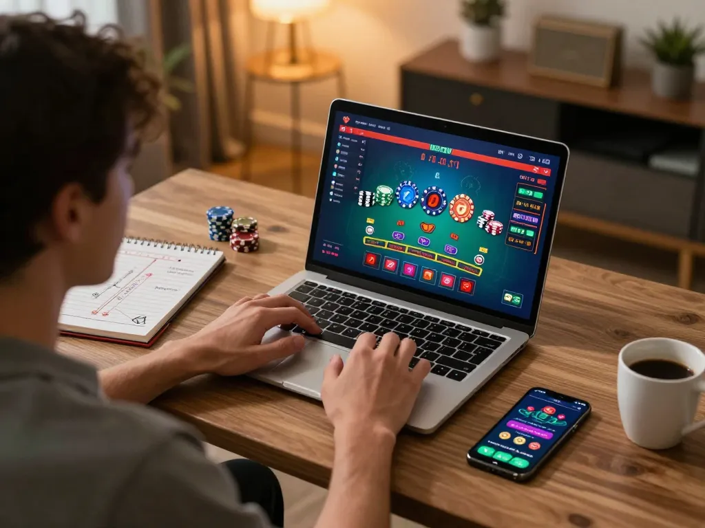 Engaged player using tr88it for online baccarat gaming session at home with strategic notes