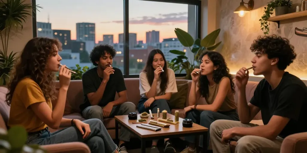 buy weed joints uk in vibrant urban lounge, group of friends enjoying pre-rolled cannabis joints together