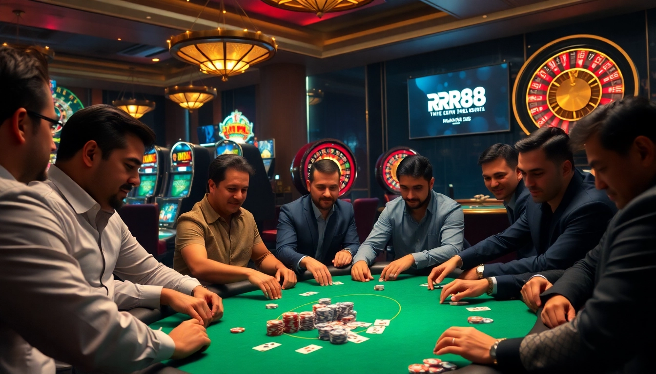 Experience high-stakes poker action at RR88, featuring vibrant chips and engaged players.