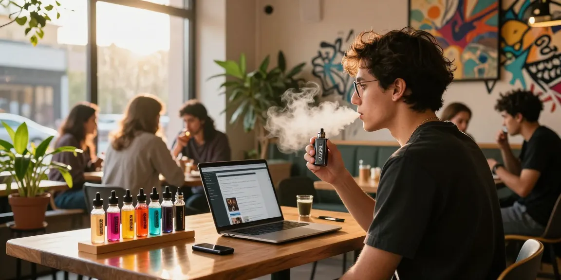 Person enjoying a Hayati promax vape in a vibrant café setting.
