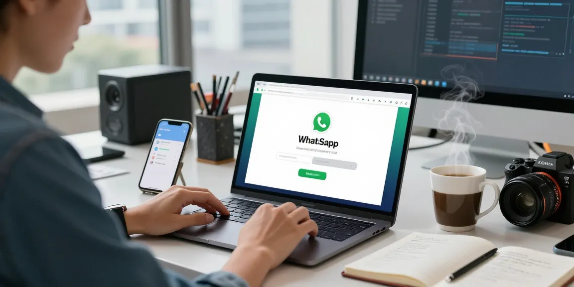 Installing WhatsApp下載 on a laptop in a bright modern workspace with tech gadgets.