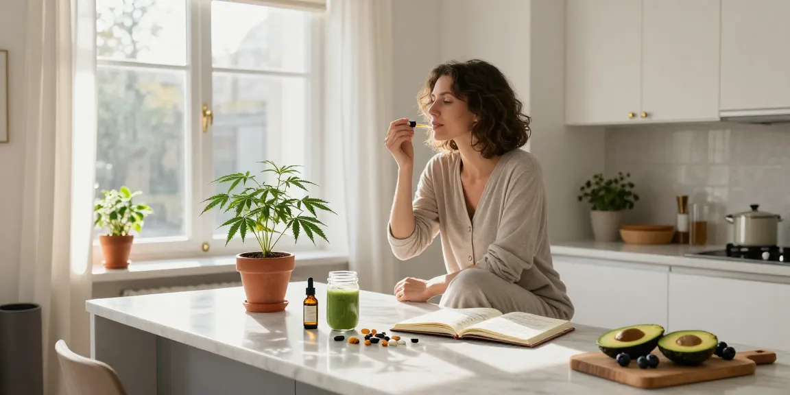 Hochwertige CBD-Tinktur für Living Soil kaufen in gesunder Küchenatmosphäre mit natürlichen Zutaten und Pflanzen.