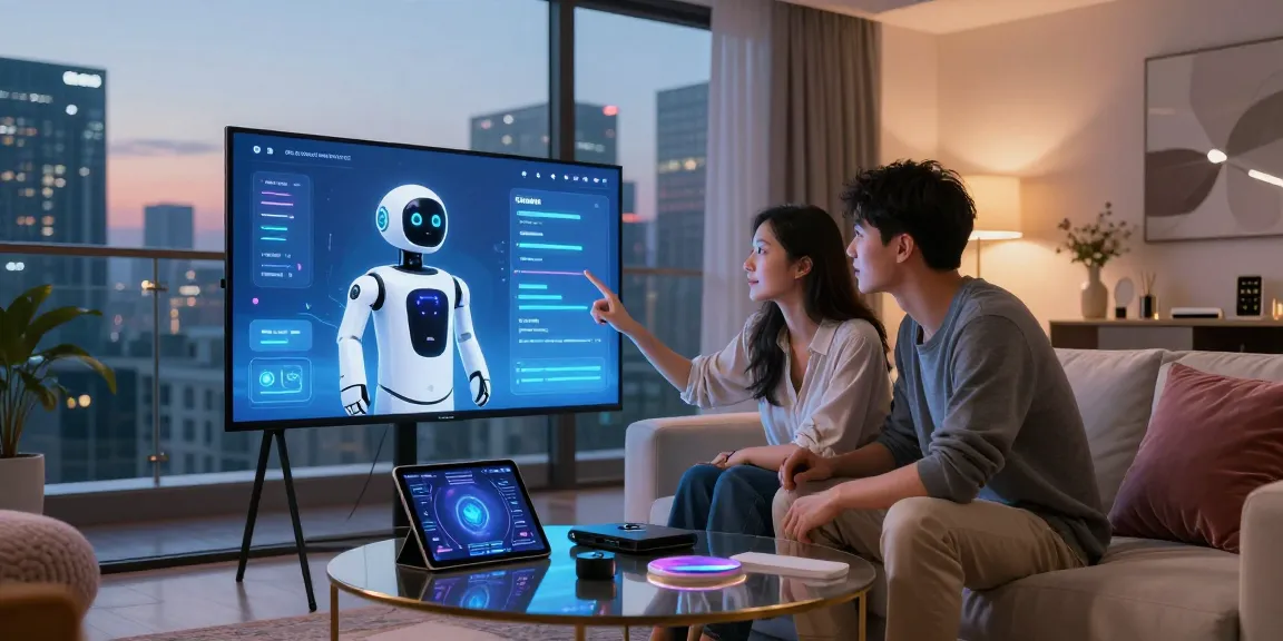 Couple interacting with a sex bot interface on a smart screen in a modern apartment, showcasing contemporary lifestyle and technology.