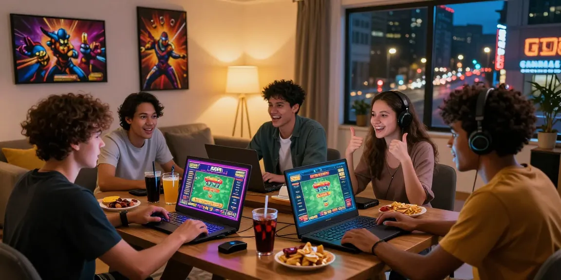 go99 online gaming experience with friends excitedly enjoying casino games in a vibrant living room setting.