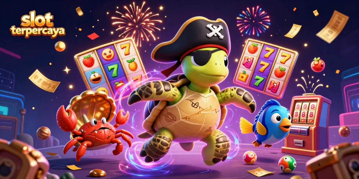 Engage with slot terpercaya in a vibrant underwater scene featuring a pirate turtle and colorful casino elements.