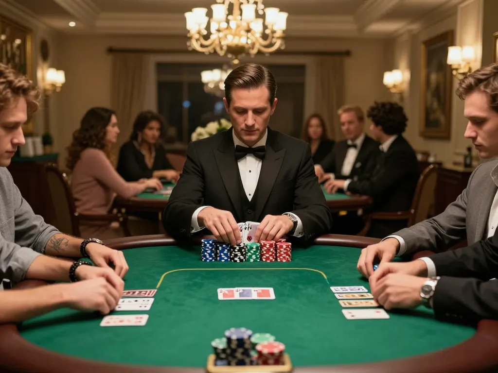 lc88 players engaged in a high-stakes poker game at an elegant table with chips and cards