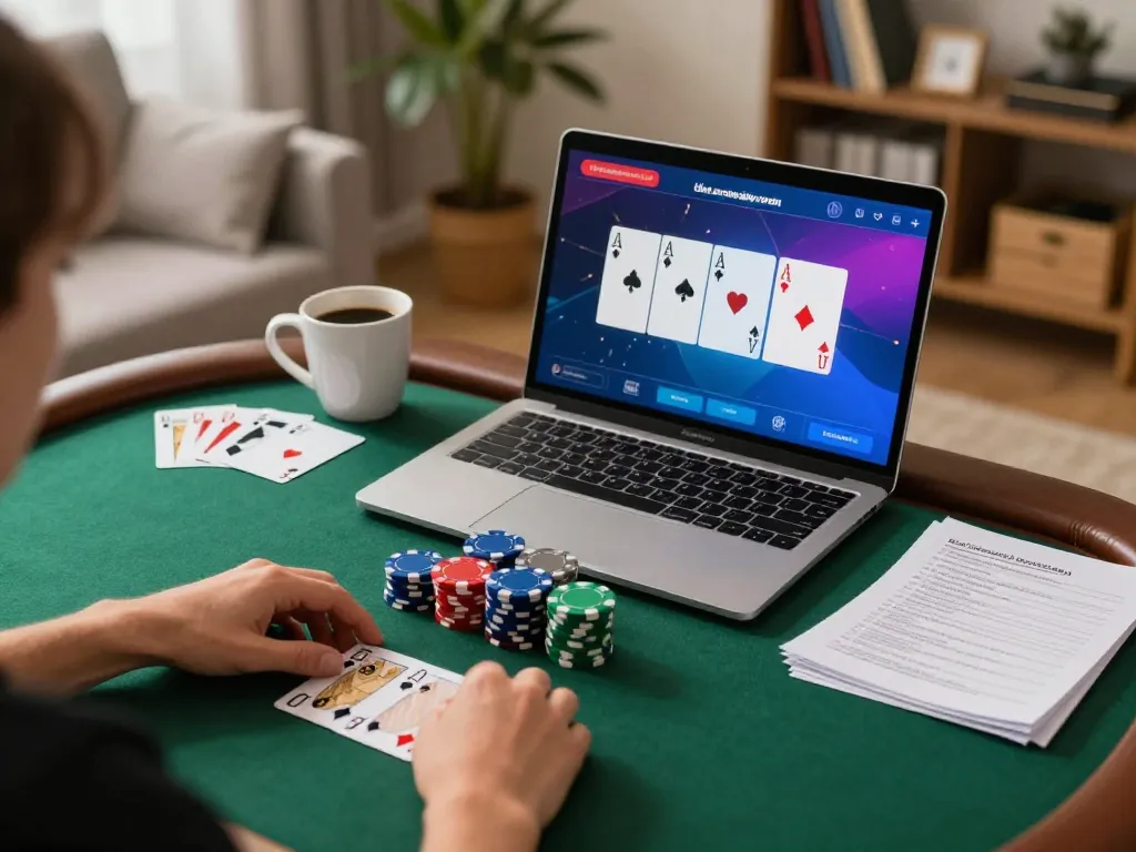 Person playing poker on laptop during online gambling session with 789bet interface.
