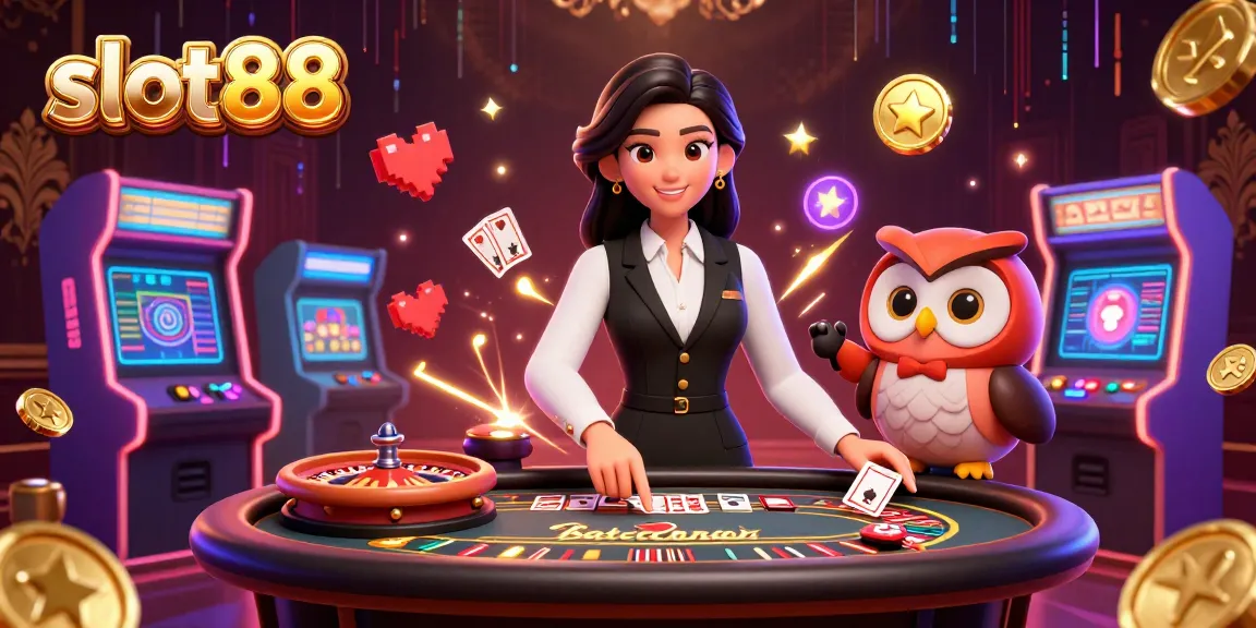 Spin the reels in style at slot88 with a vibrant casino scene featuring a charming dealer duo.